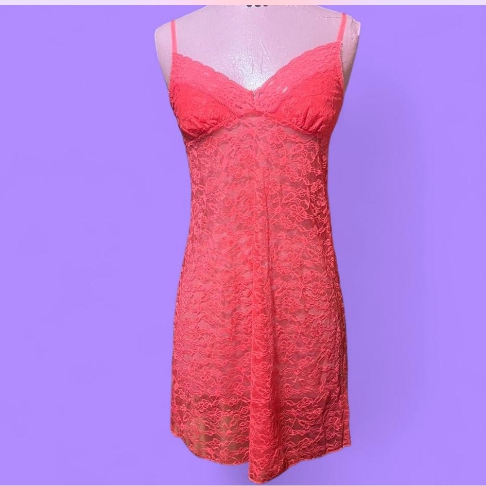 Sheer Lace Slip Chemise in Coral